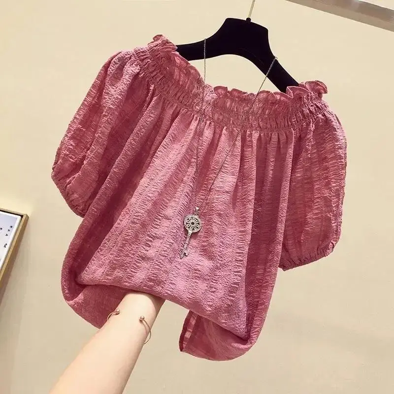 Summer Rose Clothing - بلوفر شيفون بأكمام منتفخة ورقبة مائلة