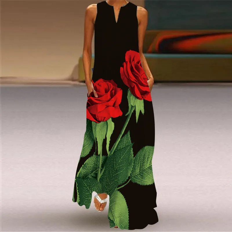 Summer Rose Clothing - فستان طويل مطبوع عليه وردة حمراء